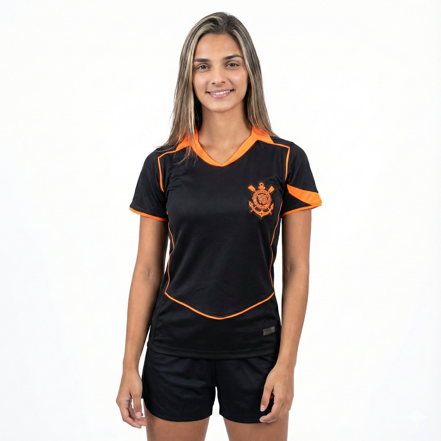 Camisa Corinthians III 25/26 - Feminina Baby Look Preta e Laranja